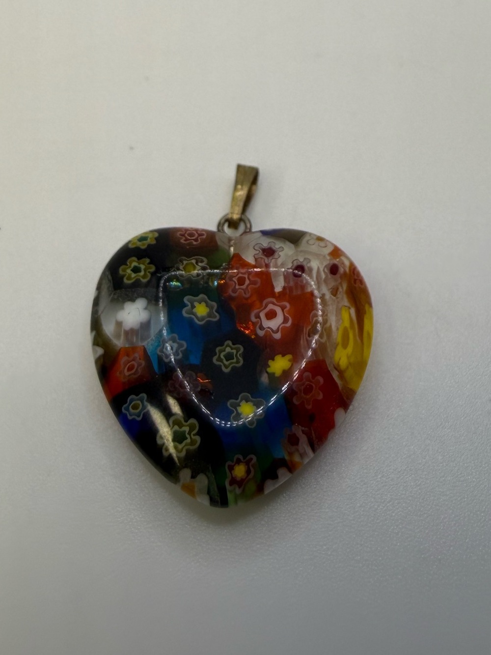 Millefiori Glass Heart Pendant Multicolor Floral Murano Style 1”